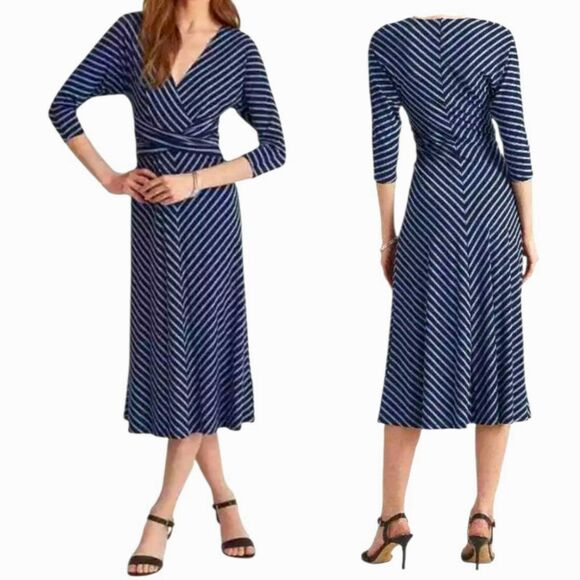 Lauren Ralph Lauren Midi Dress Womens 12 Black Chevron Stripes V-Neck Back Zip - Picture 2 of 12